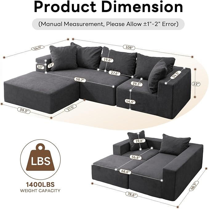 Vamcheer Modular Sectional Sofa with Chaise, Modern L Shaped Cloud Couch with Deep Seat, Sectional Couches for Living Room, Bedroom, Office, No Assembly Required, Gray