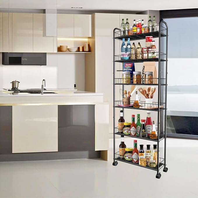Slim Storage Cart with Wheels, 6-Tier 6in Black Narrow Rolling Shelf,Sturdy Slim Storage Ideal for Kitchen, Bathroom, and Laundry Room