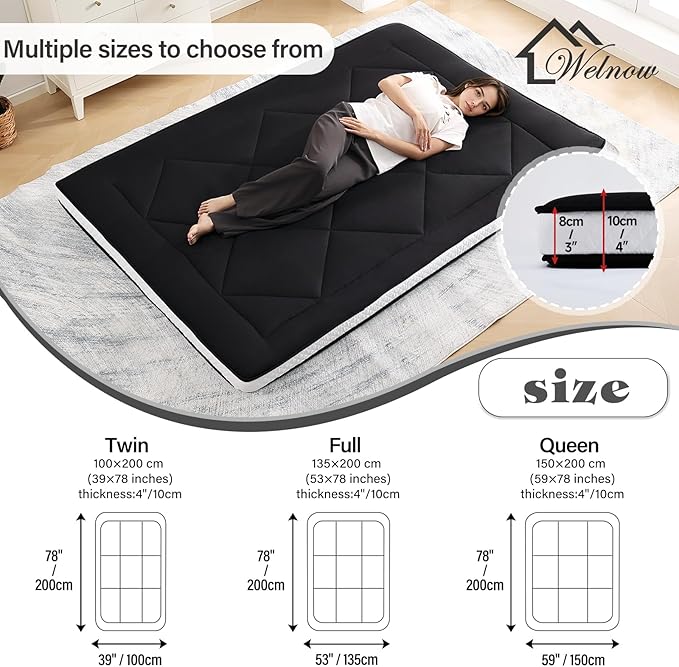 Welnow Japanese Futon Floor Mattress, Thick Twin Size Tatami Mat Portable & Foldable Roll Up Floor Bed Mattress with Storage Bag, Sleeping Pad for Adults, Dorm, Guest Bed, Camping and Travel, Black