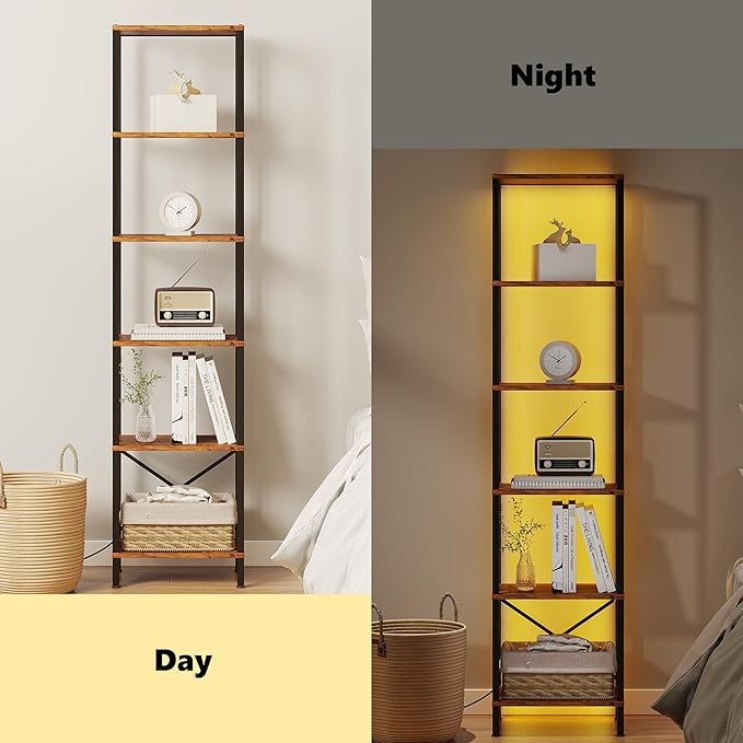 6-Tier Bookshelf, Tall Narrow Bookcase with LED Lights, Book Shelf with Steel Frame, Display Storage Shelf for Living Room, Bedroom, Home Office, Study, Balcony, Rustic Brown