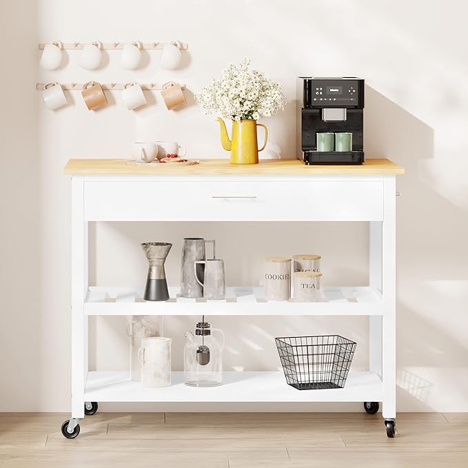 Shintenchi Kitchen Island Cart with Storage,Rolling Kitchen Island Side Table on Wheels with Large Worktop,Storage Cabinet,Towel Rack,Drawers and Open Shelves for Kitchen,Dinning Room,White