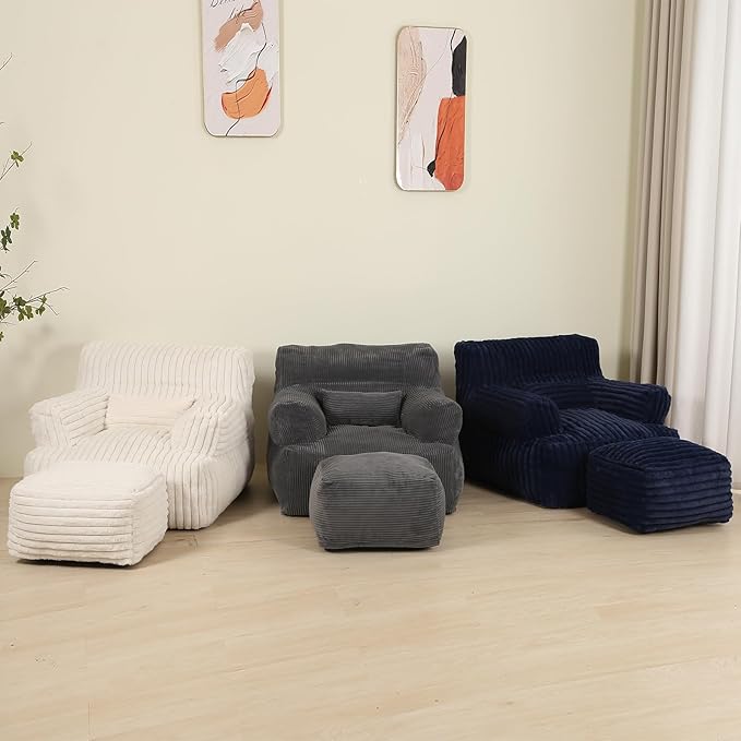 Comfy Gaint Bean Bag Chair with Ottoman, Fluffy Huge Bean Bag Armchair for Adults and Teens, Cream