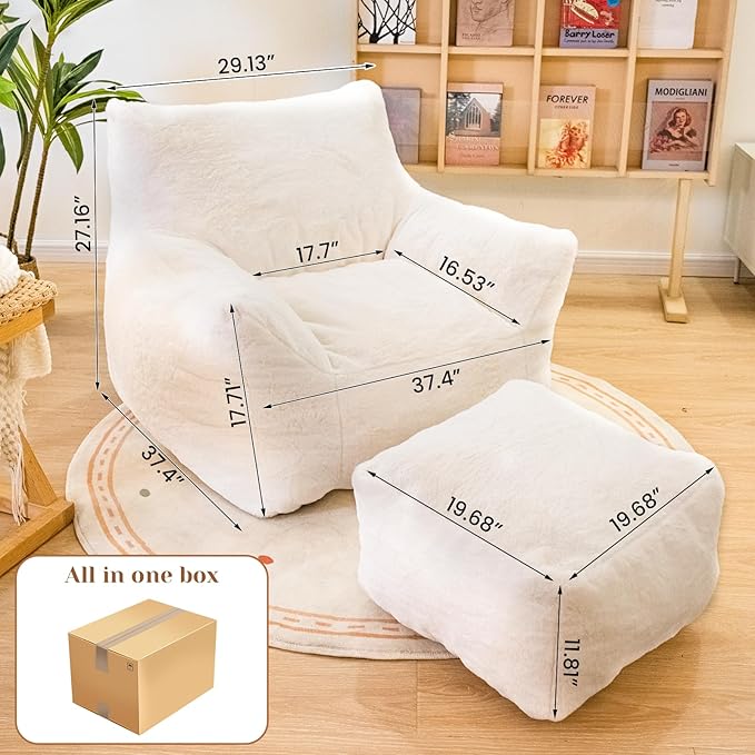 Bean Bag Chair with Ottoman, Armrest Bean Bag Chairs with Filler, Ultra Soft Fluffy Faux Fur Bean Bag Chair with Foot Rest, Plush Lazy Sofa with Foot Stool for Living Room, Dorm