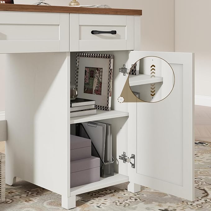 Farmhouse 47" Executive Desk, Computer Desk with Drawers and Storage Cabinet, Workstation Computer Desk for Home Office and Study.(Unique White)