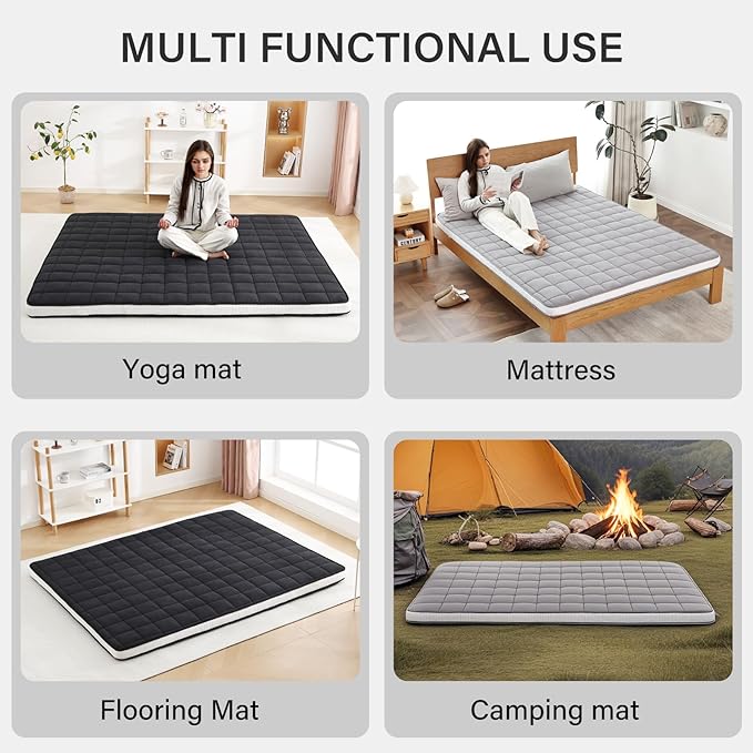 Welnow Japanese Futon Floor Mattress, Full Size Thick Tatami Mat Portable & Foldable Roll Up Floor Bed Mattress with Storage Bag, Sleeping Pad for Adults, Dorm, Guest Bed, Camping and Travel, Grey