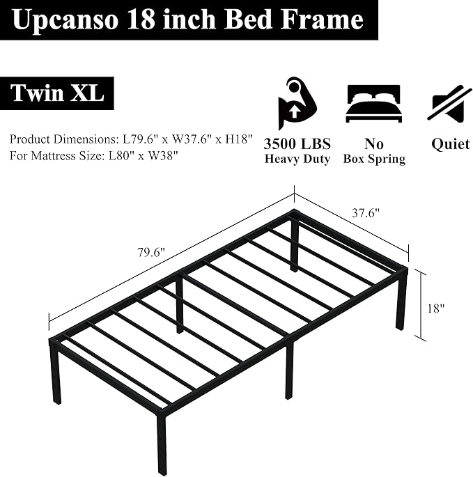 18 Inch Twin XL Bed Frames, Metal Platform Twin XL Bed Frame with High Storage, Eassy Assembly 2,500 Lbs Heavy Duty Bedframes, Black