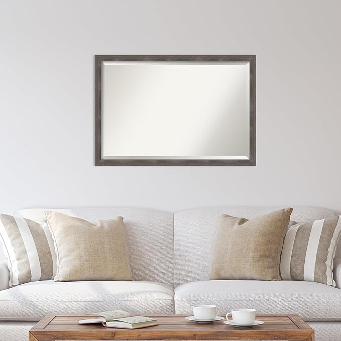 Amanti Art Grey Wall Mirror 27x39 Pinstripe Lead Grey Rectangle Bathroom Mirror for Wall Decor Living Room, Large Modern Wood Frame, Hangs Horizonally and Vertically, Bathroom Decor, Beveled Edge