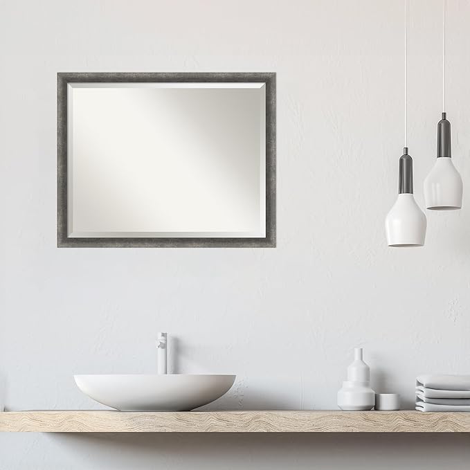 Amanti Art Grey Wall Mirror 24x30 Burnished Concrete Narrow Rectangle Bathroom Mirror for Wall Decor Living Room, Large Modern Contemporary Wood Frame, Hangs Horizonally and Vertically, Bathroom Decor