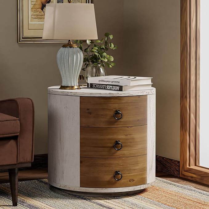 COSIEST Bedside Table Set of 2, Wood Nightstand 3 Drawers, Farmhouse Round End Table with 3 Drawers, Dresser with Drawers for Bedroom, Living Room