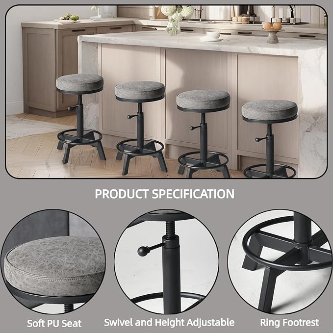 Vintage Bar Stools | Kitchen Island Counter Stool | Swivel Pu Seat | Extra Sitting | Standard Counter Height Adjustable 17-24inch (Set of 2)