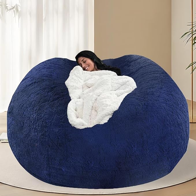 BCU Oversized Bean Bag Cover Comfy Beanbag Chair for Adults Without Filler Faux Fur Floor Chair Lazy Sofa Cover Comfy for Living Room Chairs, Blue, 5FT