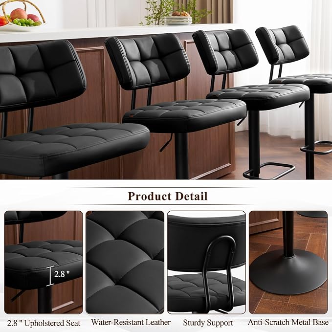 Furniliving Upholstered Bar Stools Set of 4, Faux Leather Swivel Bar Stools with Back, Adjustable Counter Height Barstools for Kitchen Island, Dining Space, Black