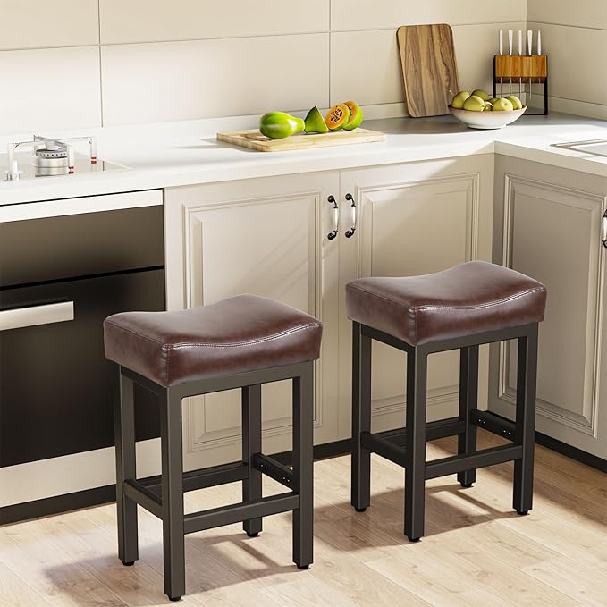 Counter Height Bar Stools Set of 3, 24 Inch Barstools for Kitchen Island Counter, Bonded Leather Kitchen Stools with Thick Saddle Seats & Heavy Duty Metal Base, Easy Assembly, Gray/Black