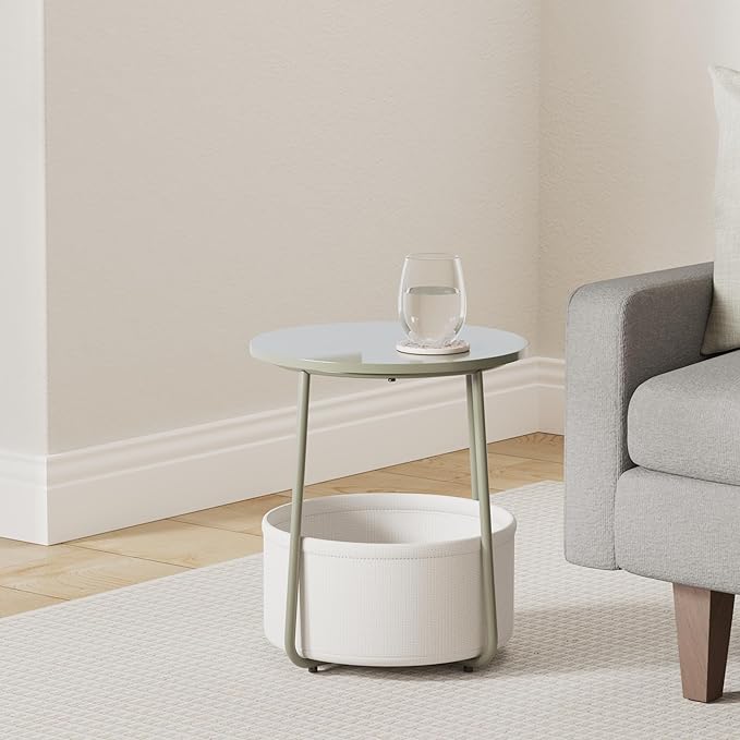 VASAGLE Small Round Side End Table, Modern Nightstand with Fabric Basket, Forest Green and Cream White ULET223C80