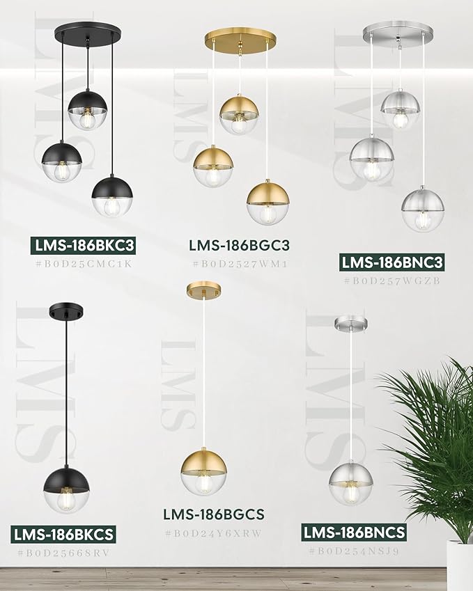 LMS Brushed Gold 3-Light Cluster Pendant Lights, Modern Dining Room Light Fixtures Over Table with Clear Globe Glass, Adjustable Hanging Cord Ceiling Light for Dining Room Kitchen Island, LMS-186BGC3