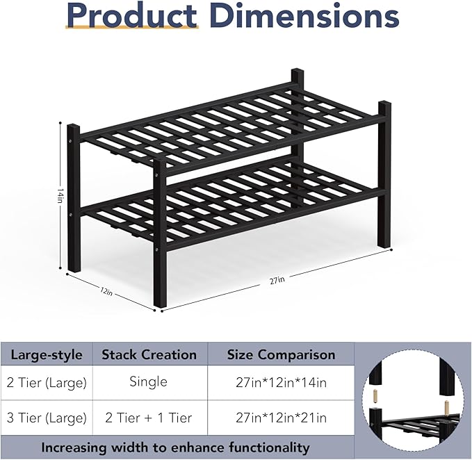Haddockway Large 2 Tier Bamboo Shoe Rack Storage Organizer, Multifunctional Free Standing Stackable Shoe Shelf with Grid Panel for Closet,Hallway,Entryway,Small Space 27"x12"x14"(Black, 2-Tier(Large))