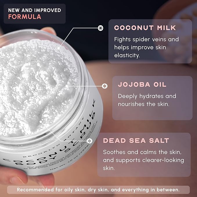 Brooklyn Botany Coconut Milk Body Scrub - Moisturizing and Exfoliating Body, Face, Hand, Foot Scrub - Fights Stretch Marks, Fine Lines, Wrinkles - Great Gifts for Women & Men - 10 oz