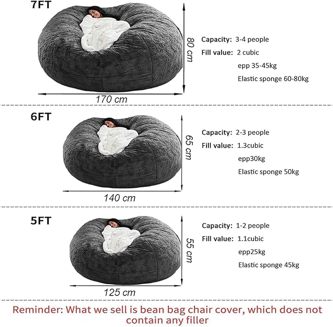 Colorful Bean Bag Chair for Adults Kids Without Filling Comfy Fluffy Giant Round Beanbag Lazy Sofa Cover for Reading Chair Floor Chair, 7FT, Multicolored