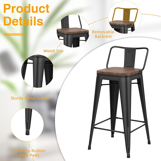 Yongchuang 26 inch Bar Stools Set of 4 Kitchen Counter Height Barstools with Wood Seat Metal Low Back Bar Chairs Matte Black