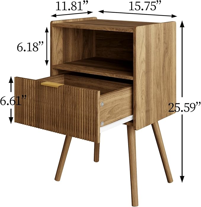 Nightstand,Modern Bedside Table with Storage Drawer and Open Wood Shelf, Accent Night Stand with Solid Wood Legs for Living Room, Bedroom and Small Spaces,Easy Assembly (Walnut Brown)