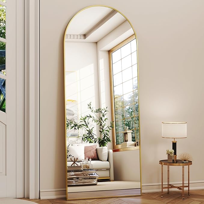 56" x21 Arched Full Length Mirror Floor Mirrors with Aluminum Alloy Frame Free-Standing Wall Mounted Floor Mirrors or Large Dressing Mirror, Gold Mirror Full Length