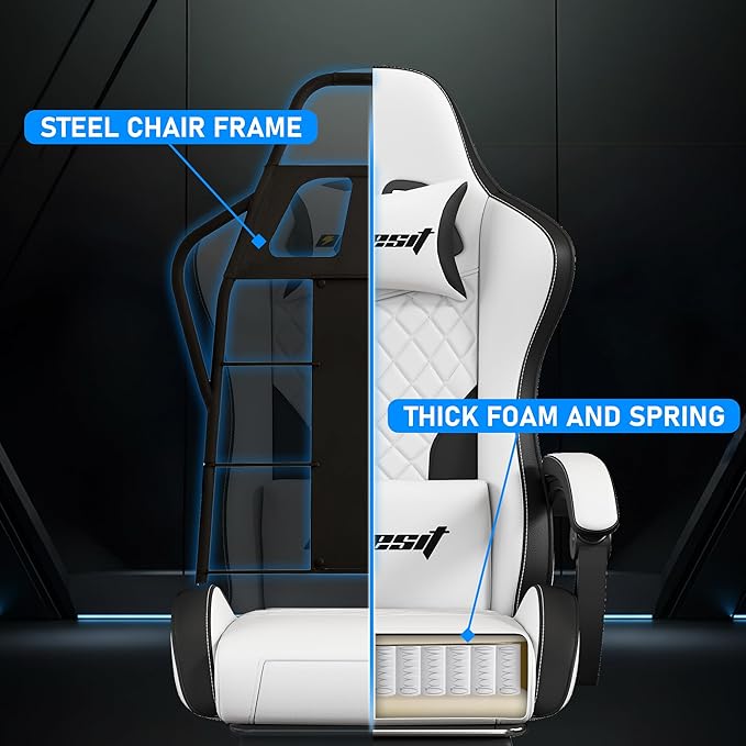 Gaming Chair,Ergonomic Computer Chairs for Adults with Footrest, PU Leather Office Chair with Adjustable Lumbar Support & Pocket Spring Cushion - Heavy Duty 400lb Capacity Gamer Chair (White)