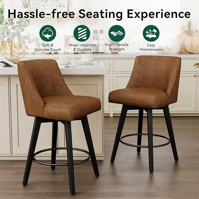 Vipbear Swivel Counter Height Bar Stools Set of 2,26.8" H Counter Stools with Back, Mid Century Modern Bar Stools for Kitchen Island,Faux Leather,Wooden Base, Brown