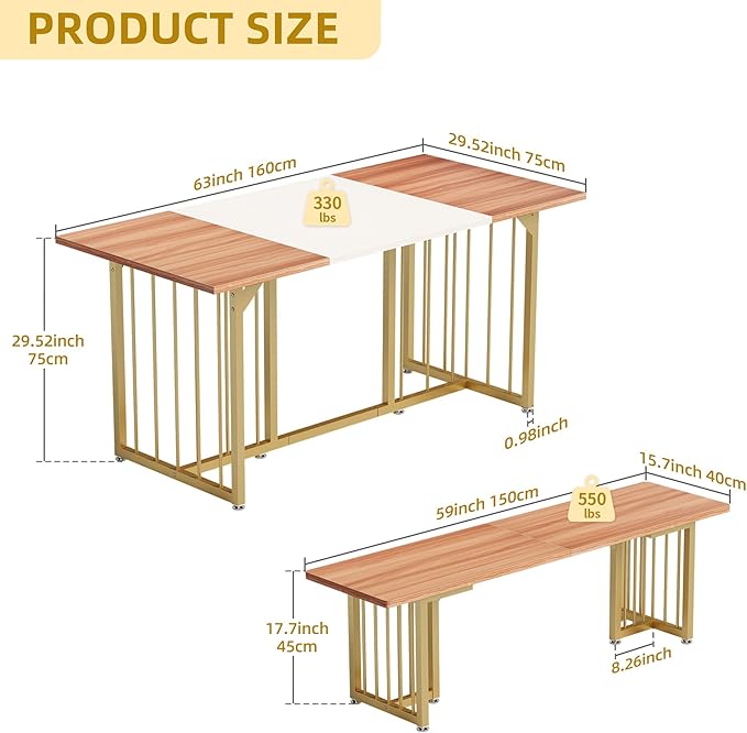 DWVO 3-Piece Dining Table Set for 6-8 People 63" Kitchen Table with 2 Benches Rectangular Farmhouse Dining Room Table Set for Home Kitchen Restaurant Apartment Walnut