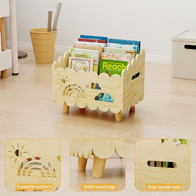 Wood Kids Bookshelf, Montessori Bookshelf, With 2 Adjustable Dividers, Suitable Kids Rooms, Nursery & Classroom, Kids Bookshelf And Toy Storage, Toddler Book Rack, Nursery Book Shelves, Kids Bookcase