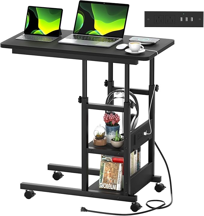 C Shaped End Table Height Adjustable - Couch Side Table with Charging Station, TV Tray with Wheels Slide Under Sofa for Small Spaces, Living Room Bedroom, Black