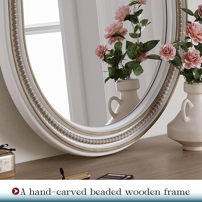 Boho Oval Mirror, 24" x 36" Farmhouse Antique Oval Bathroom Mirrors, Wooden Rustic Decorative Mirror with Beaded for Wall, Bedroom, Dining Room, Hallway, Vertical or Horizontal Hanging