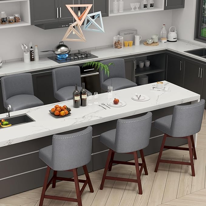 Counter Height Barstools Set of 6,360° Swivel Bar Stools with Back,26 inch Modern Counter barstools,Upholstered Bar Tall Stools for Kitchen Counter,Kitchen Island,Bar, Home (Dark Gray, SET OF 6)