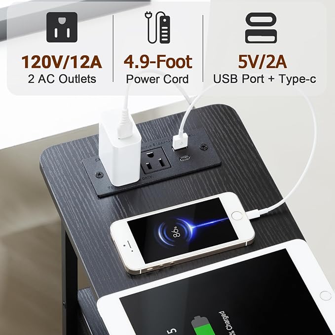 Narrow End Table Living Room with Charging Station, Skinny Side Table with Fabric Drawers, Slim LED Nightstand for Bedroom, Small Spaces, Couch, Black, HETNDP03LBK-1