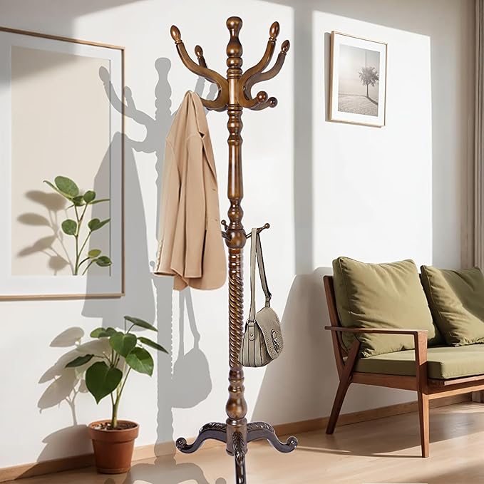 73 in Wood Coat Rack, Coat Rack Freestanding with Stable Round Base, Adjustable Height Tree Coat Racks Stand for Home Bedroom Office Hallway Entryway (Triangular Antique)