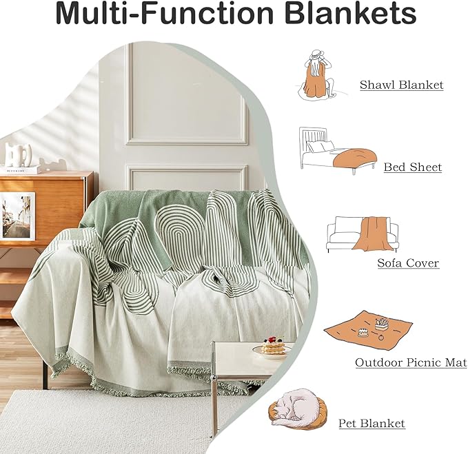 STACYPIK Green Geometric Couch Cover Boho Sofa Cover for Sectional Non-Silp Sofa Covers for Dogs Reversible Beige Couch Cover Loveseat Cover L Shaped Furniture Protector for 3 Cushion Couch-71X134IN
