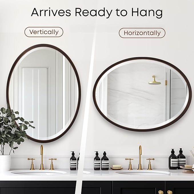 OVALCREST - Oval Wooden Beveled Wall Mirror for Home Decor, Bathroom, Vanity, Bedroom, Living Room, Hallway - London Style (Rubbed Bronze) 17.1 x 21.1