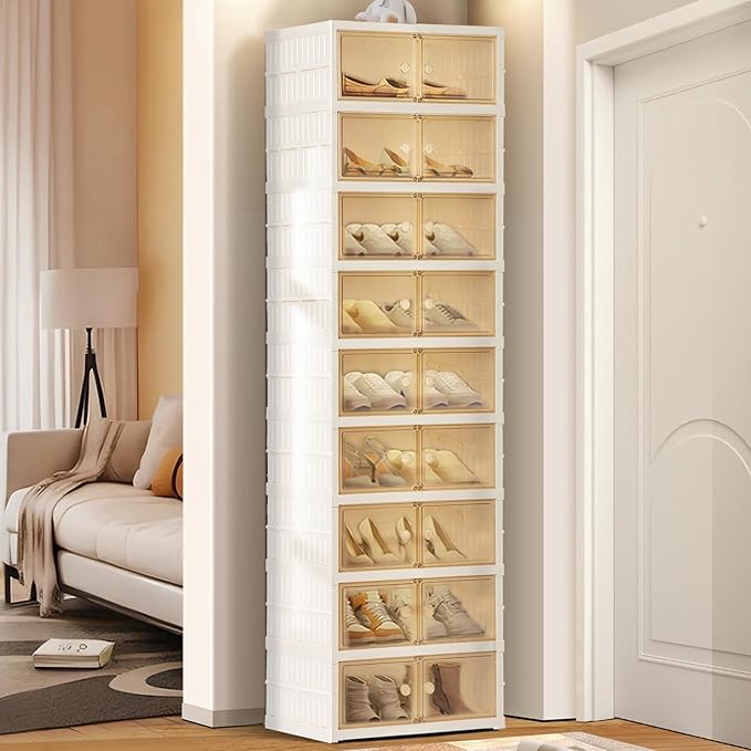 Foldable Shoe Organizer Storage Box, Portable Extra Large Folding Shoe Rack for Closet, Shoe Storage Box with Magnetic Transparent Door and Wheels, 9 Layers 18 Grids for 2 PCS