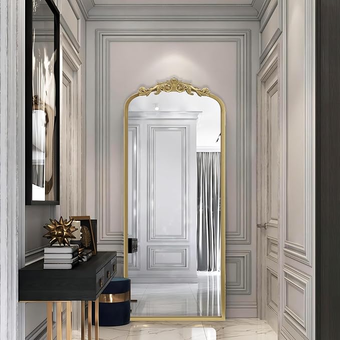 AIXI HOME Arched Gold Antique Full Length Mirror, 22"x65" Traditional Elegant Vintage Floor Body Mirror with Ornate Matel Frame, Baroque Inspired Home Decor for Bedroom/Living Room/Hallway