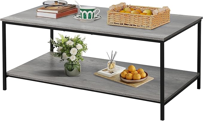 SENIG 2-Tier Coffee Table with Storage Shelf for Living Spaces, Grey Oak Rectangle Wood and Sturdy Metal Side End Table, Functional Center Table for Living Room, 39.3 x 20 x 16