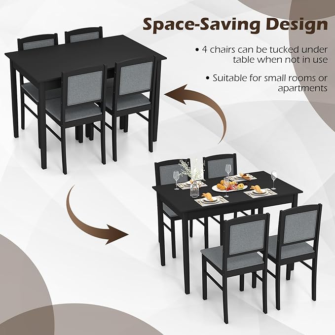 Giantex 5-Piece Dining Table Set for 4 - Breakfast Nook Table Set with Kitchen Table, 4 Upholstered Chairs, Wood Legs, Space-Saving Dinette Set, Kitchen Table Chairs Set of 4 (Black+Grey)