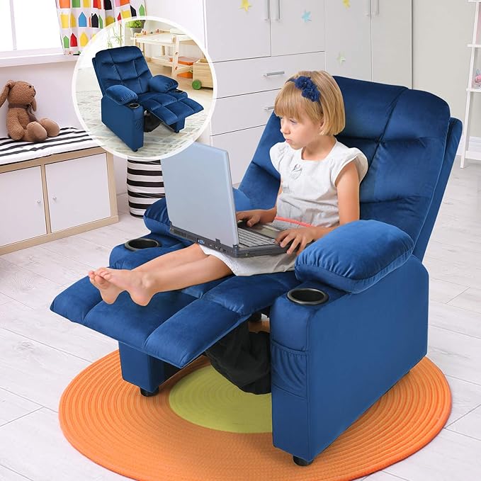 Costzon Kids Recliner Chair with Cup Holder, Adjustable Velvet Lounge Chair w/Footrest & Side Pockets for Children Boys Girls Room, Ergonomic Toddler Furniture Sofa Gifts, Kids Recliner (Blue)