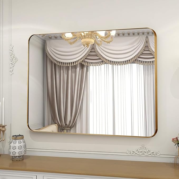 Brushed Gold Mirror 30"x36", Wall Mirror for Bathroom Vanity in Anti-Rust Metal Frame, Modern Rectangle Mirrors for Wall, Rounded Corners, Shatter-Proof, Hangs Horizontal/Vertical