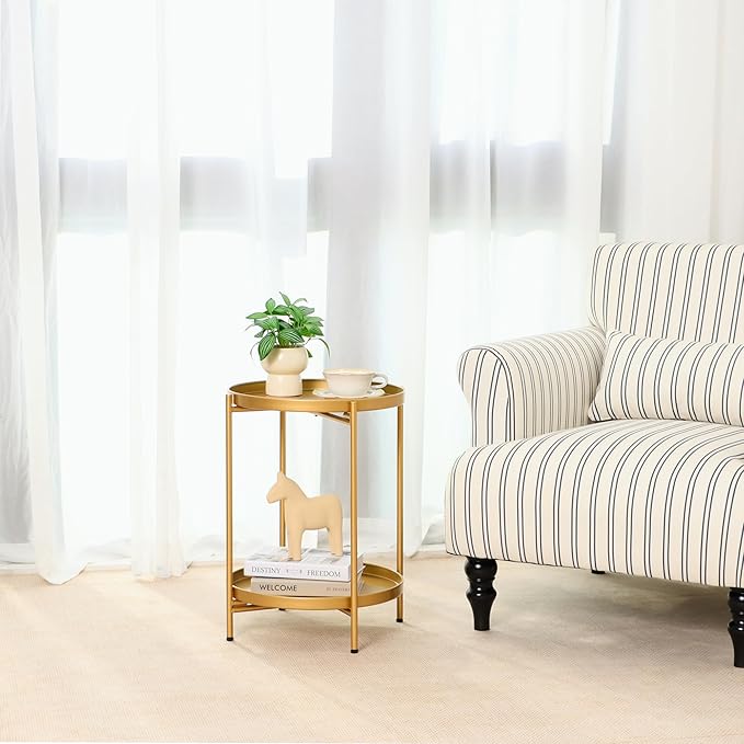 2-Tier Round End Side Table, Small Metal Side Table with Removable Tray, Folding Accent Tables for Living Room, Balcony, Nightstand for Bedroom, Outdoor Tables for Patio, Gold