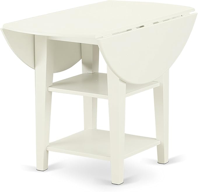 East West Furniture SUDA3-LWH-W 3 Piece Dining Room Table Set Contains a Round Dining Table with Dropleaf & Shelves and 2 Wood Seat Chairs, 42x42 Inch, Linen White