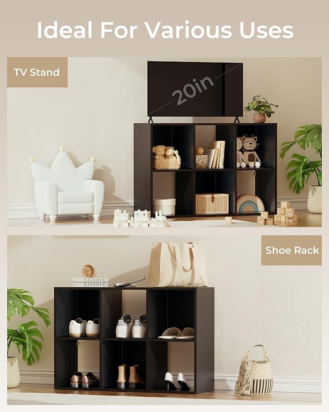 GTPLAYER 6-Cube Storage Organizer, Fits 11" Bins, Vertical or Horizontal Use, Opening Bookshelf, Partial Back Panels, Stackable Design Bookcase, for Closet, Bedroom, Home Office, Black