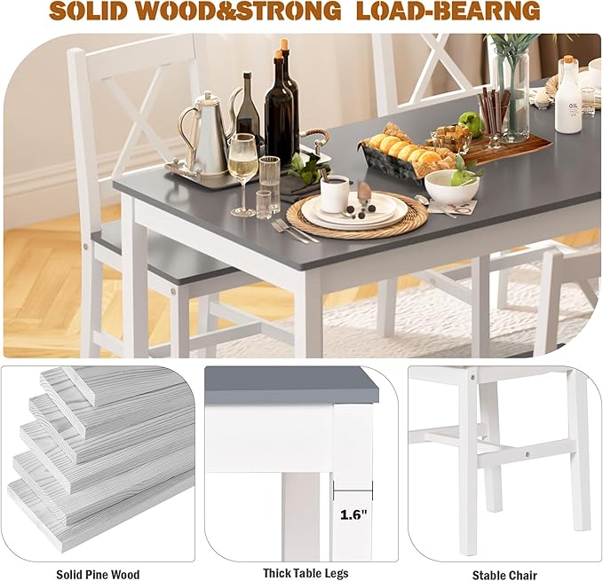 SogesPower Dining Table Set for 4, 5-Piece Wood Kitchen Dining Table Set with 4 Chairs for Kitchen Dining Room Restaurant Small Space, 47" Grey&White