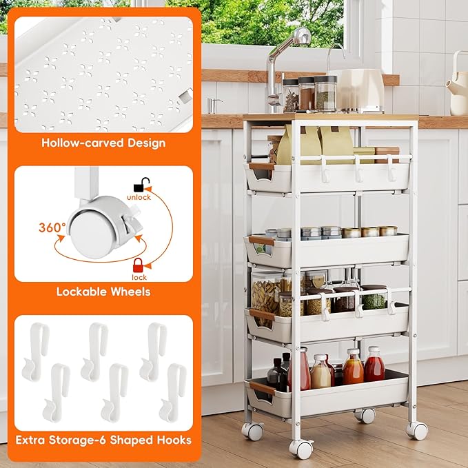 5-Tier Slim Storage Cart, Wooden Top Rolling Kitchen Cart with Pull-Out Baskets & Wheels, Narrow Space Utility Cart Slide Out Organizer for Kitchen, Bathroom, Laundry Room, White