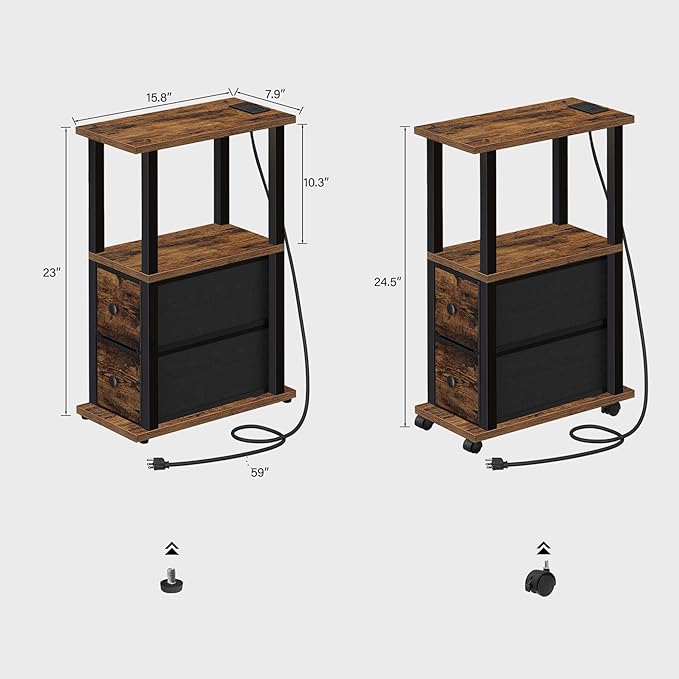 TUTOTAK Small Narrow End Tables, LED Side Tables with 2 Fabric Drawers, Set of 2, Bedside Tables with Charging Station for Small Spaces, Slim Nightstands with USB Ports and Wheels, TB01BB053CL