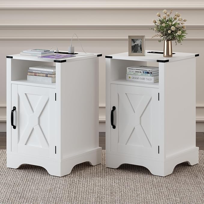 RoyalCraft Nightstand Set of 2, White End Table with Charging Station, Tall Farmhouse Bedside Table with Large Storage and Shelf, Wooden Side Table with for Bedroom, Home Office, White
