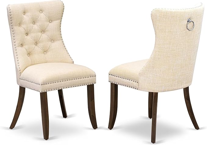 LEDA9-AWA-32 9 Pieces Dining Table Set Includes a Rectangle Table and 8 Light Beige Polyester Fabric Dining Chairs, Antique Walnut